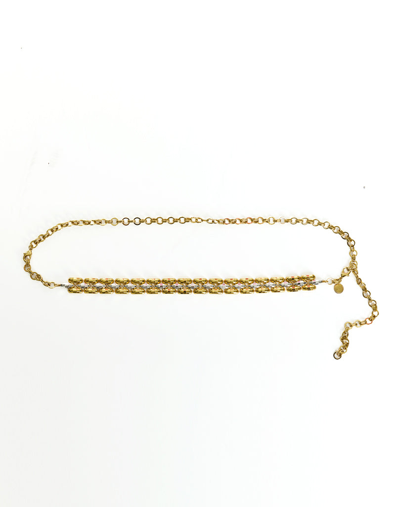  Susan Convertible™ Chain in Gold/Silver front – mixed metallic necklace and belt with chain-link design, adjustable clasp, and removable Mestiza logo charm by Mestiza New York.