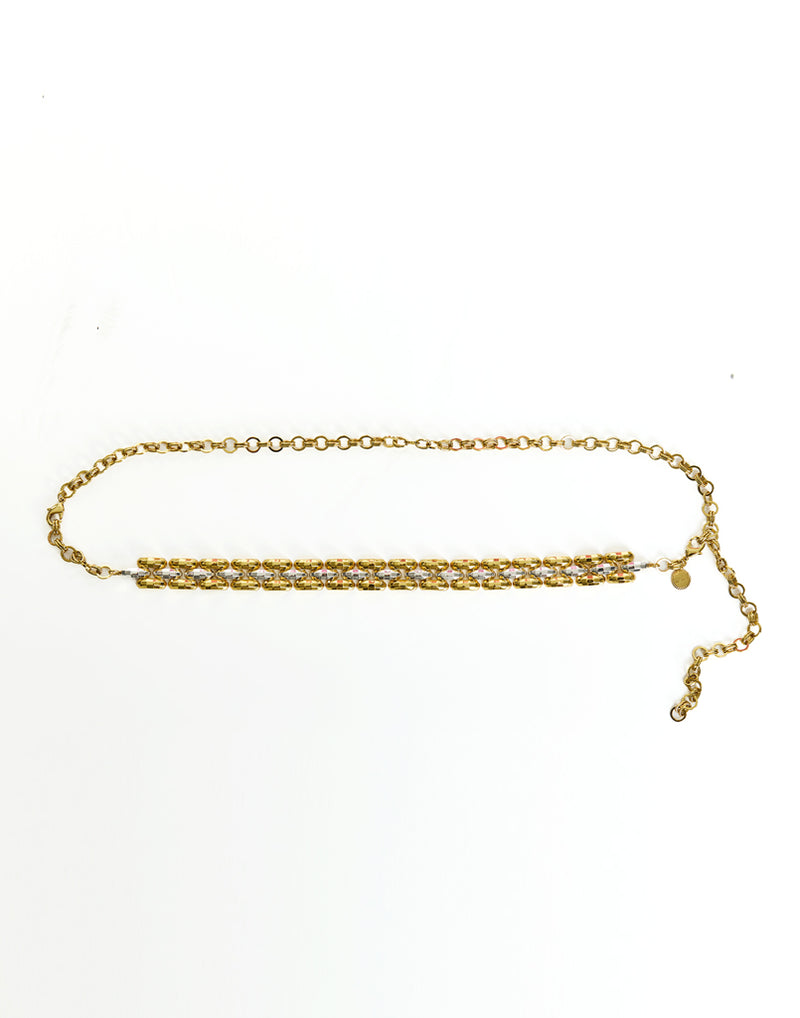  Susan Convertible™ Chain in Gold/Silver front – mixed metallic necklace and belt with chain-link design, adjustable clasp, and removable Mestiza logo charm by Mestiza New York.