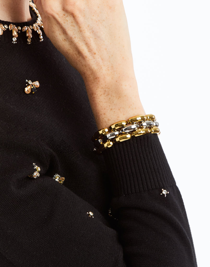 Susan Chain Cuff Bracelet in Gold/Silver wrist – mixed metallic chain-link bracelet with adjustable clasp and Mestiza logo charm by Mestiza New York.