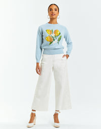 White kick flare pants with barong-style embroidery