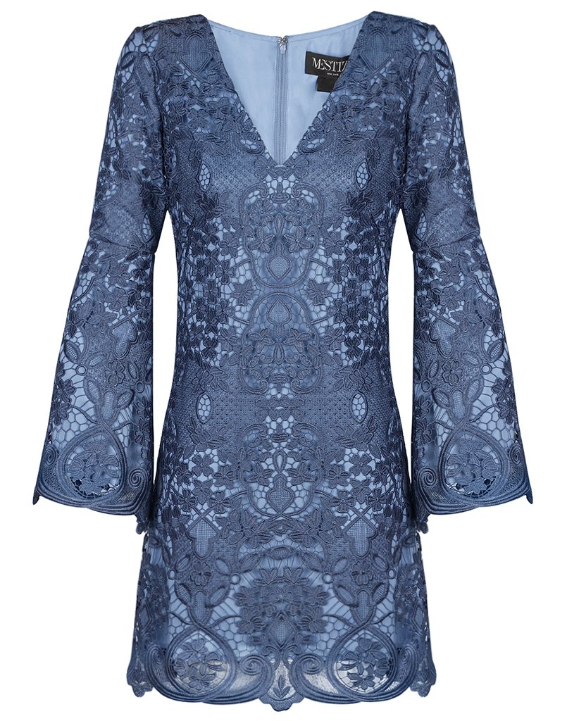 blue v--neck bell sleeve mini dress with a scallop hem