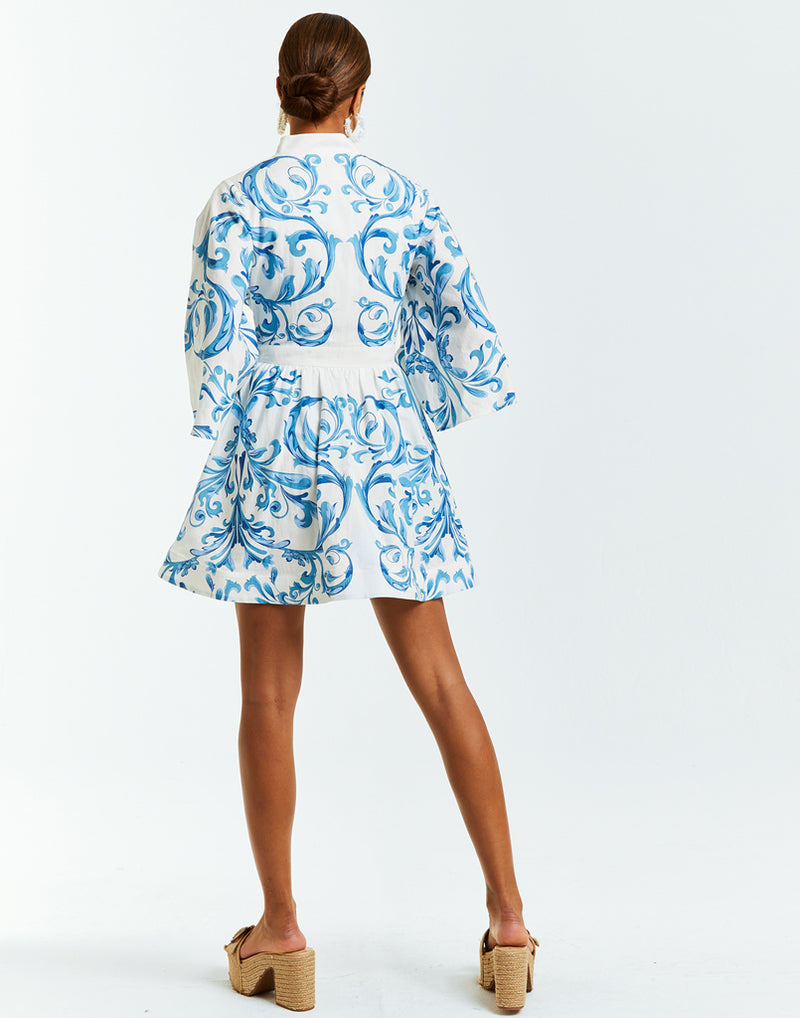 Blue and white printed linen mini dress with mandarin collar