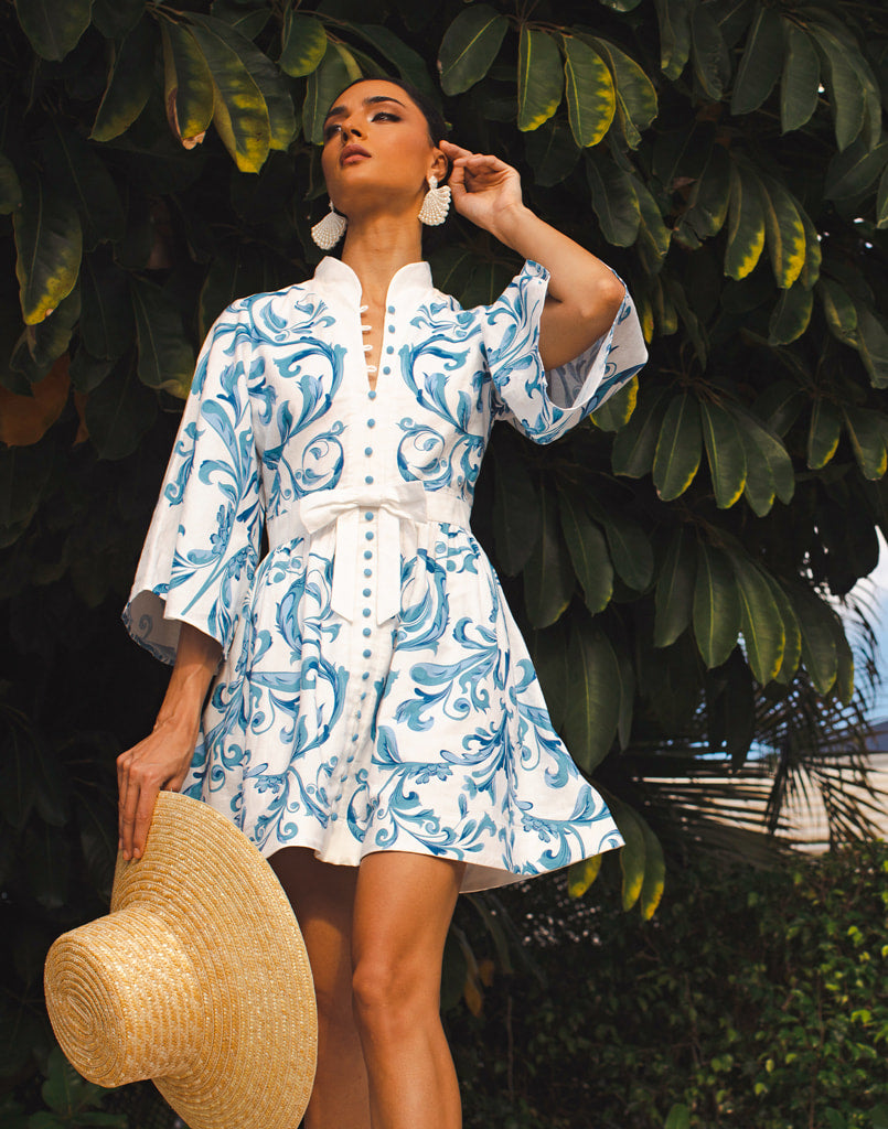 Blue and white printed linen mini dress with mandarin collar