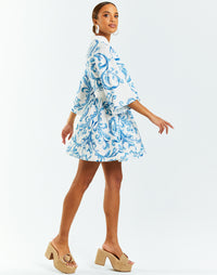 Blue and white printed linen mini dress with mandarin collar