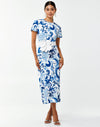 Crewneck midi dress in blue and white chinoiserie printed stretch crepe