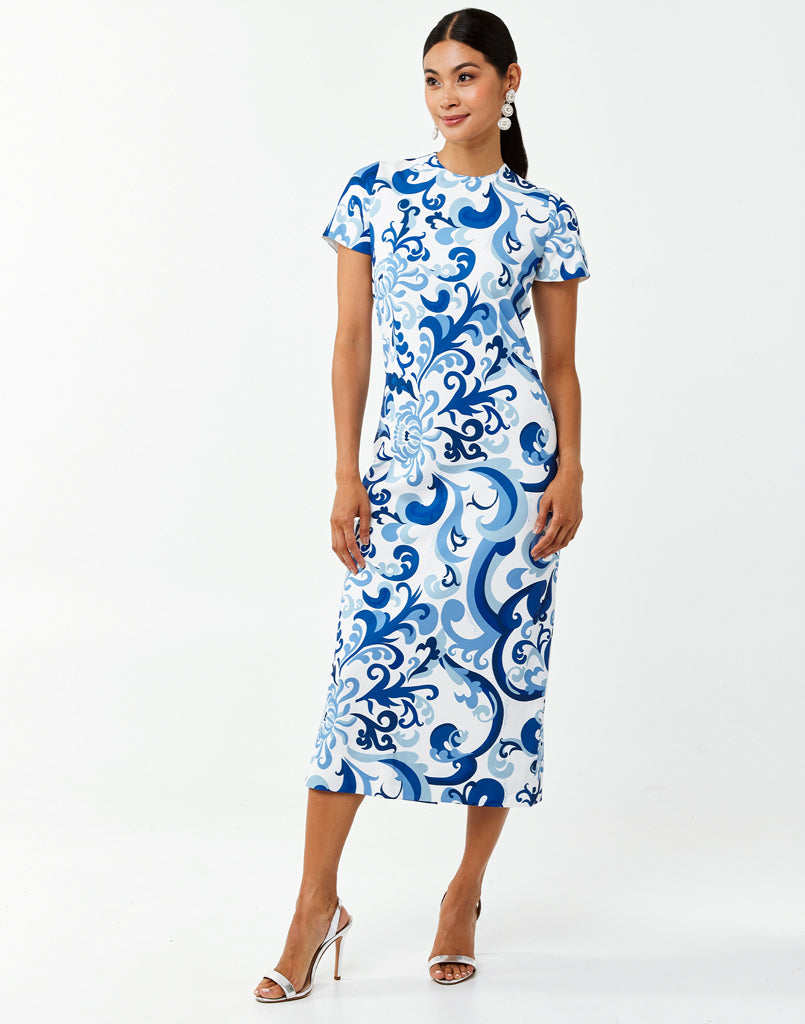 Crewneck midi dress in blue and white chinoiserie printed stretch crepe