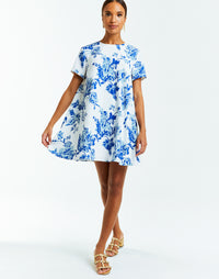 blue and white mini dress with pockets