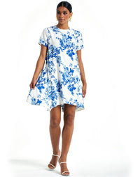 Short sleeved mini dress in printed stretch crepe
