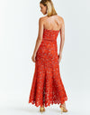 red lasercut lace strapless gown