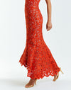 red lasercut lace strapless gown