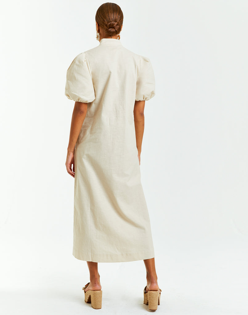 Modern barong midi dress with embroidery, puff sleeves, pearlized buttons and side pockets