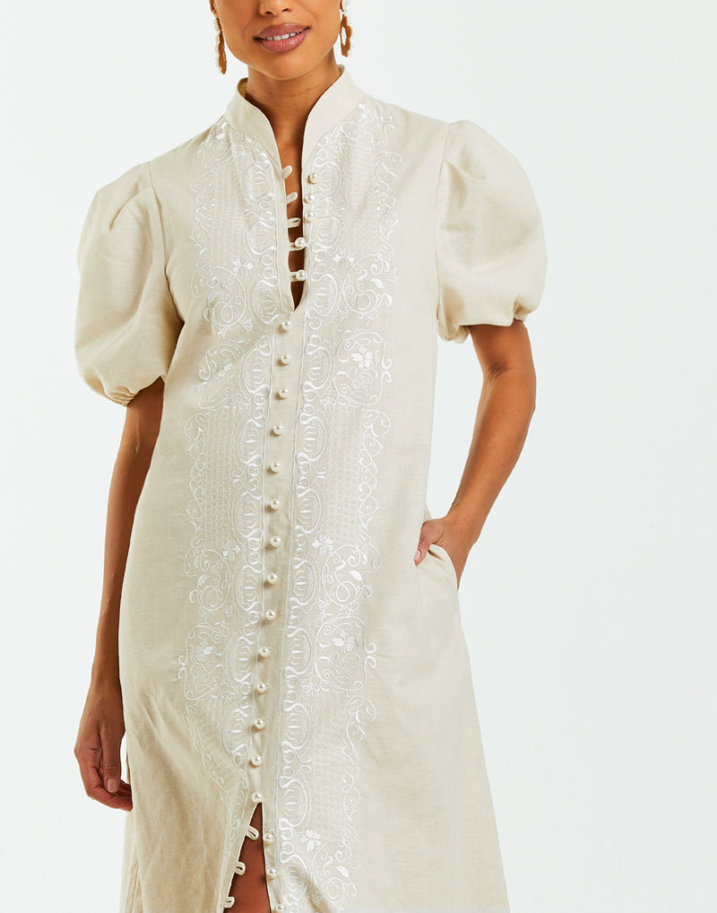 Modern barong midi dress with embroidery, puff sleeves, pearlized buttons and side pockets