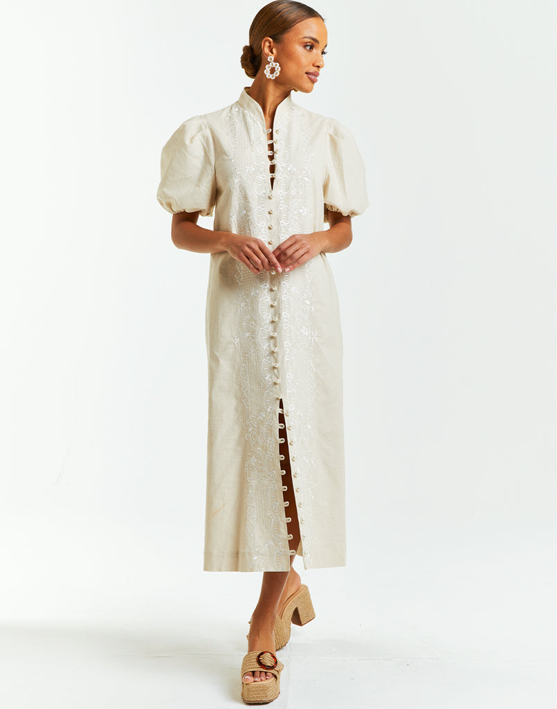 Modern barong midi dress with embroidery, puff sleeves, pearlized buttons and side pockets