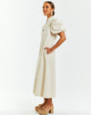 Modern barong midi dress with embroidery, puff sleeves, pearlized buttons and side pockets