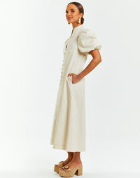 Modern barong midi dress with embroidery, puff sleeves, pearlized buttons and side pockets