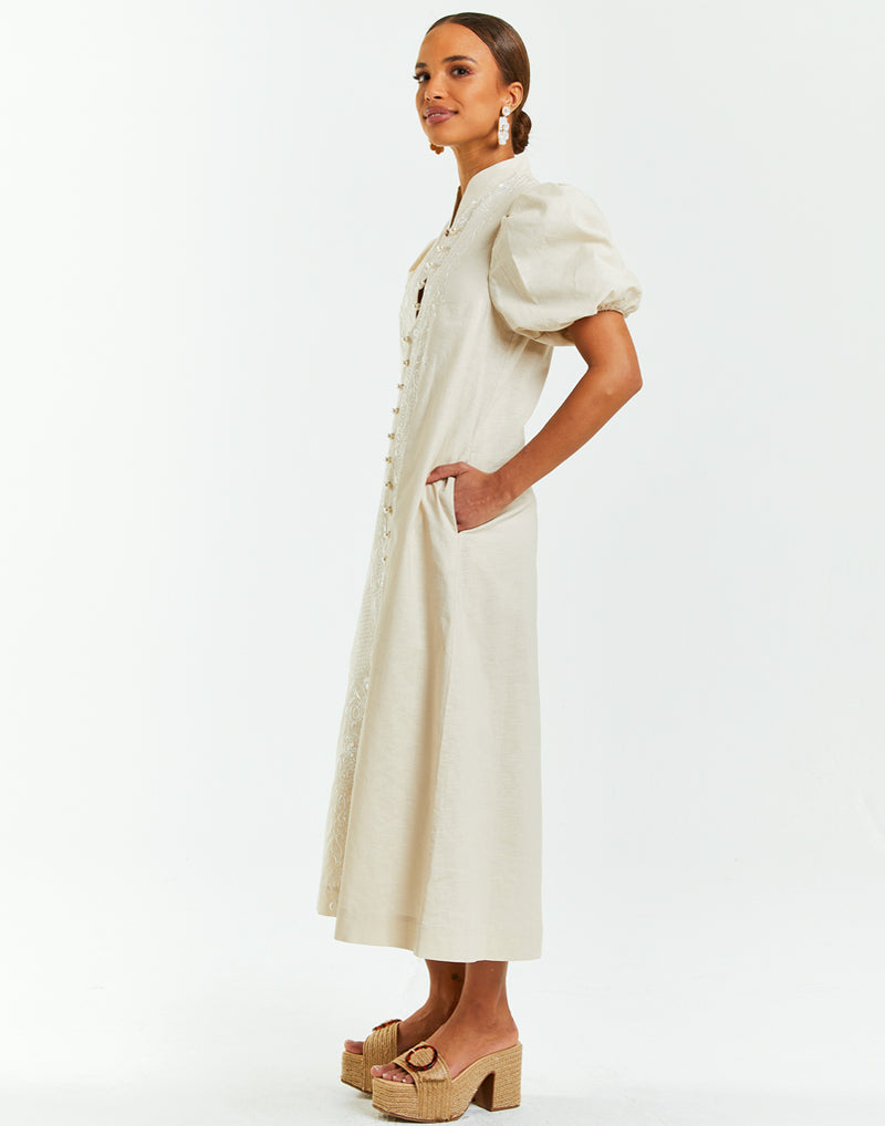 Modern barong midi dress with embroidery, puff sleeves, pearlized buttons and side pockets