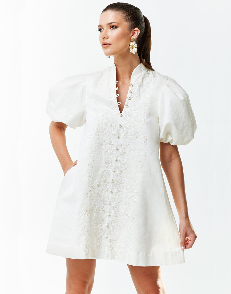 Modern barong mini dress with mandarin collar, pearlized buttons, embroidery and pockets