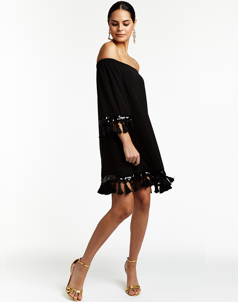 Off the shoulder chiffon mini with sleeves and decorative tassels