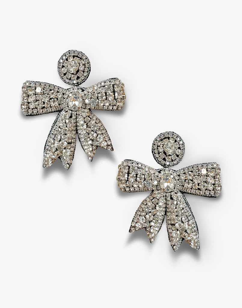 Bejeweled oversized bow earrings with post in silver