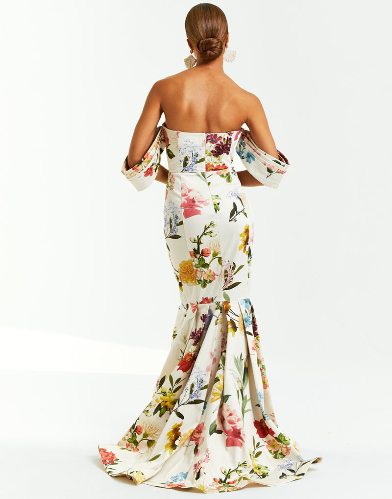 Floral print evening gown with sweetheart neckline and inspired by traditional Terno sleeve style