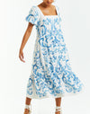 Blue and white belted dress unbelted