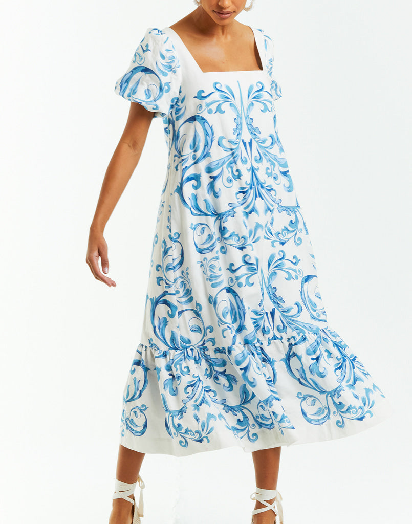 Blue and white belted dress unbelted