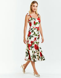 red floral midi dress with bow tie straps
