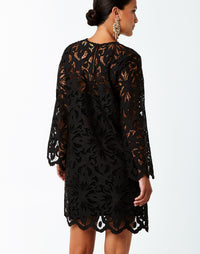 Black A-line mini dress crafted in laser-cut lace