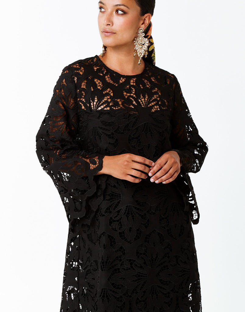 Black A-line mini dress crafted in laser-cut lace