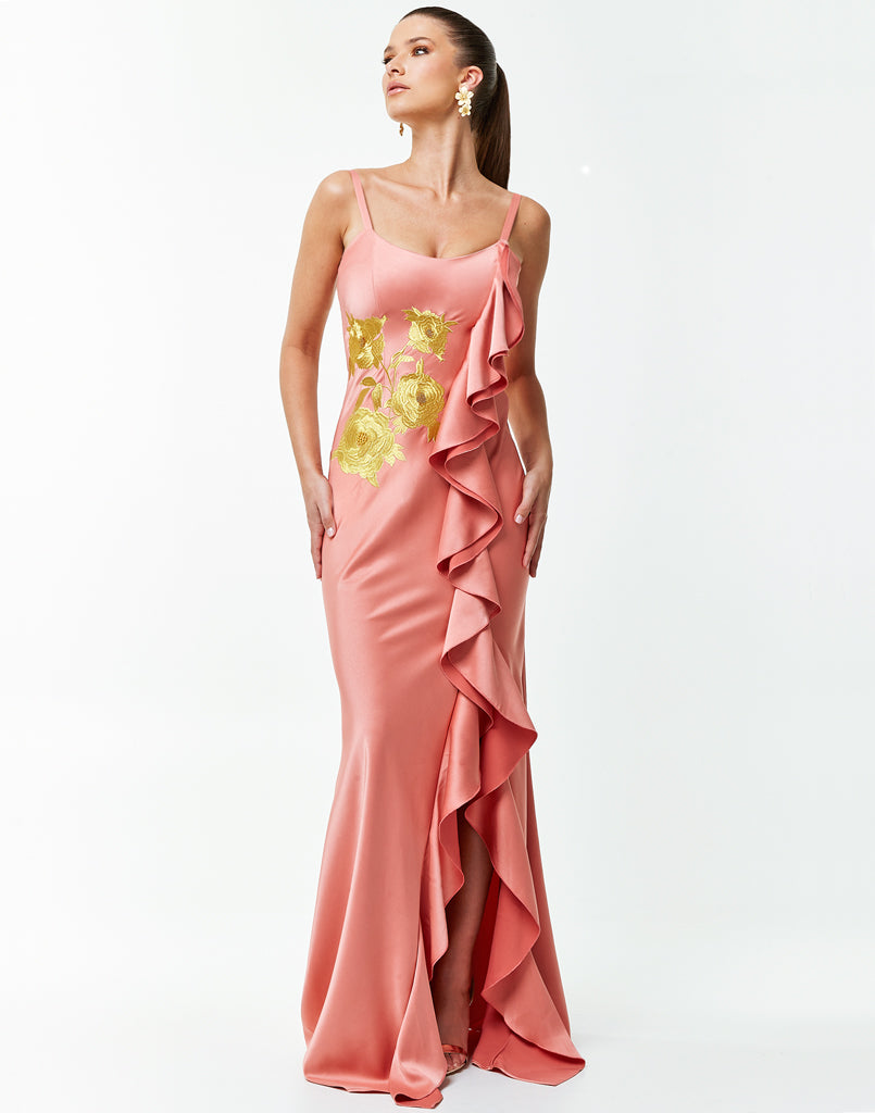 Pink Sleeveless slip gown in satin back crepe and floral embellishment