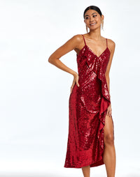 Sleeveless midi slip dress in sequin and satin back crepe