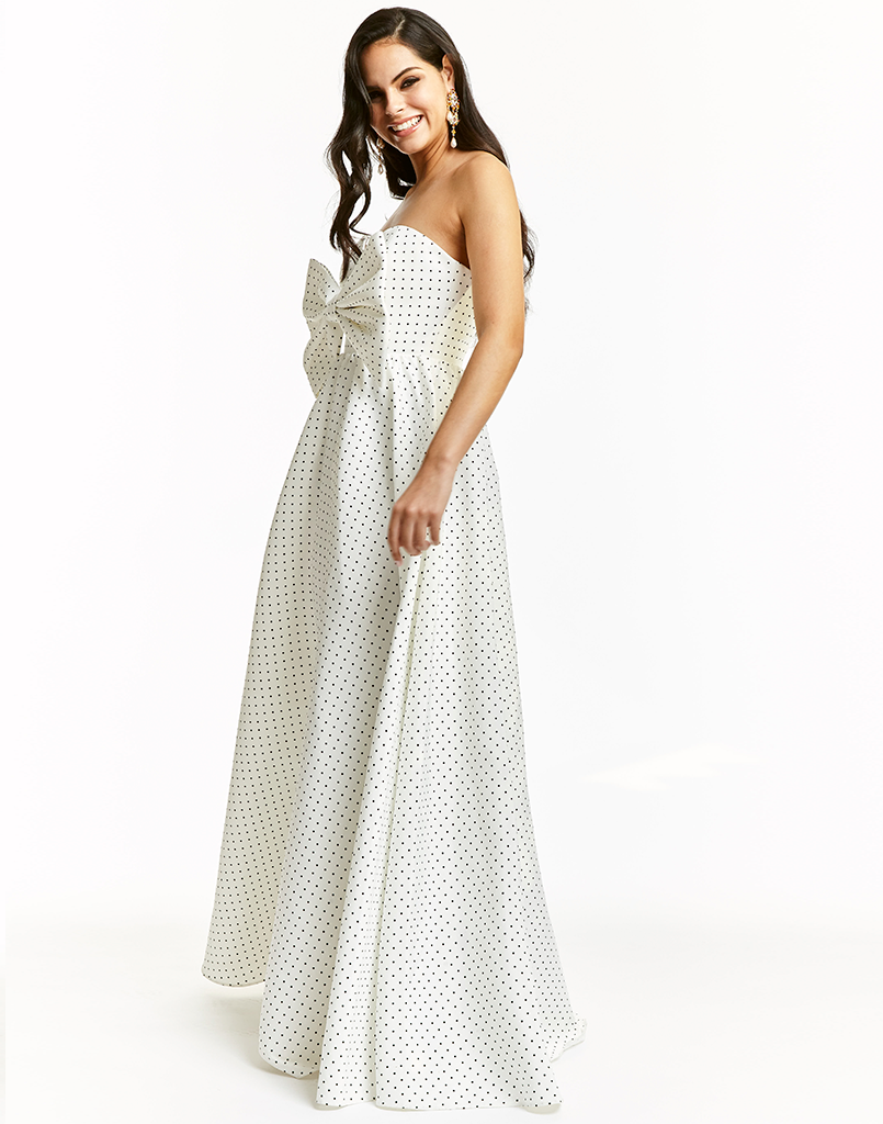 printed faille gown with oversized bow detail