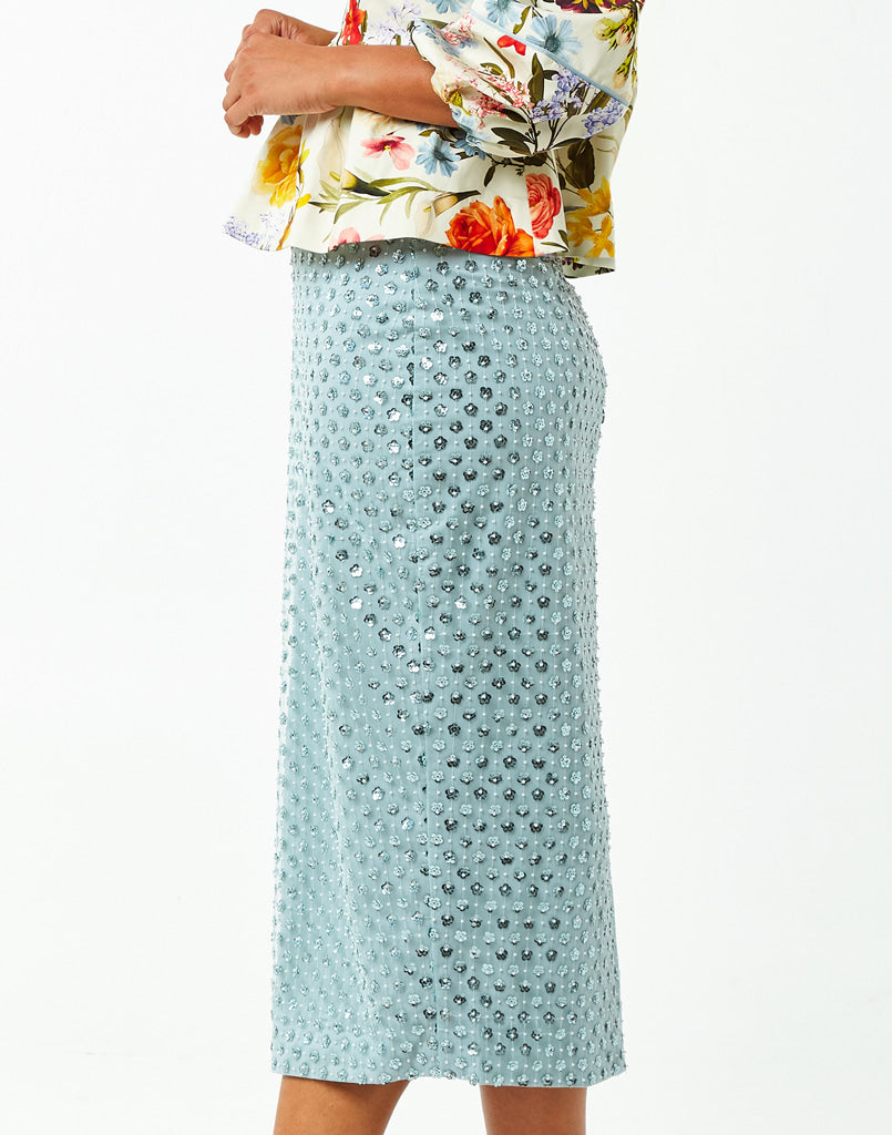 Floral sequined pencil skirt in light blue