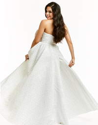 printed faille gown with oversized bow detail