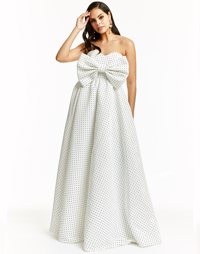 printed faille gown with oversized bow detail