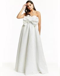 printed faille gown with oversized bow detail