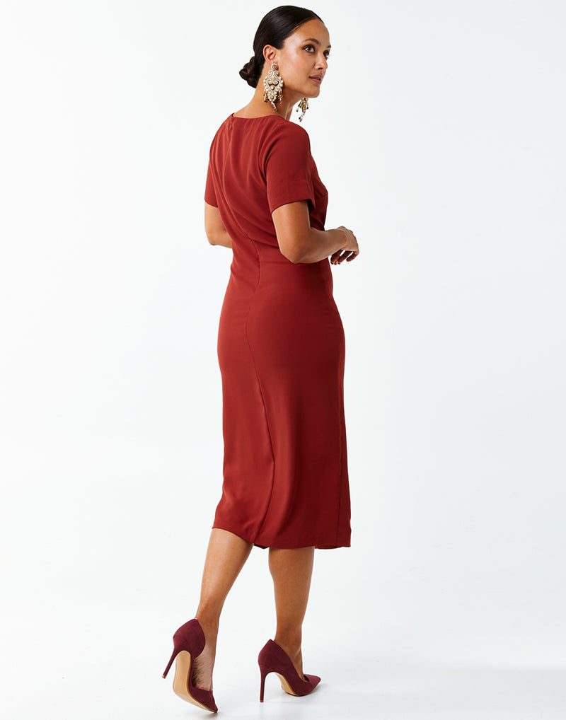 Cranberry colored Stretch crepe midi dress with asymmetrical neckline 