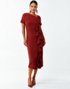 Cranberry colored Stretch crepe midi dress with asymmetrical neckline 