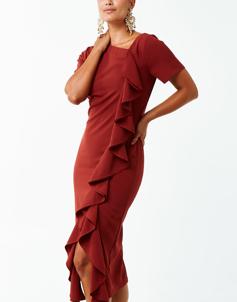 Cranberry colored Stretch crepe midi dress with asymmetrical neckline 