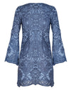blue v--neck bell sleeve mini dress with a scallop hem