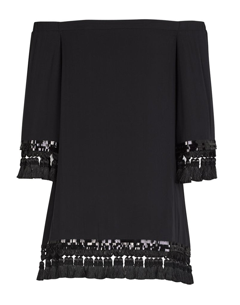 The back of the Cha Cha tasseld dress in black, showcasing the cold shoulder neckline and fun tassels!